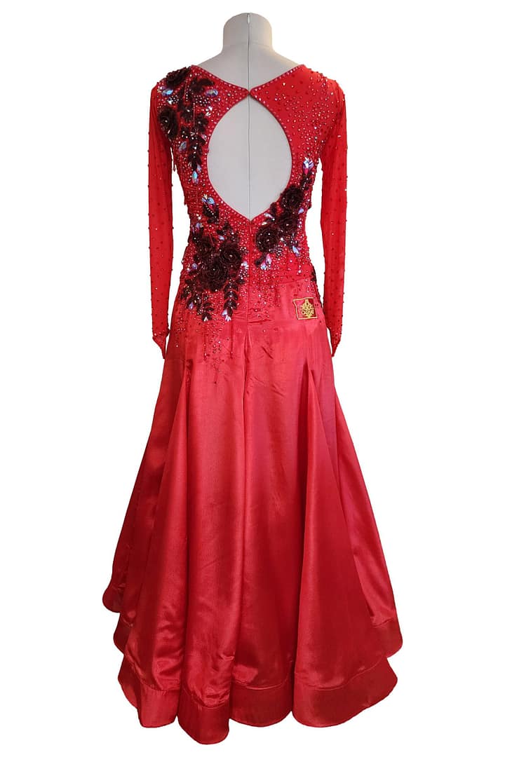 Brielle ballroom gown — back view — open-back red gown with floral appliqué and crystals
