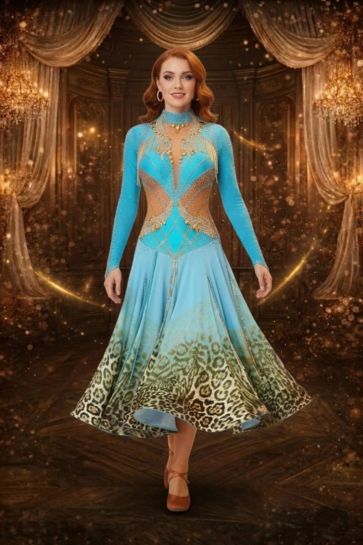 Turquoise Majesty Ballroom Dress - front view - Blue and leopard print skirt. Gold crystal bodice with illusion cutouts.