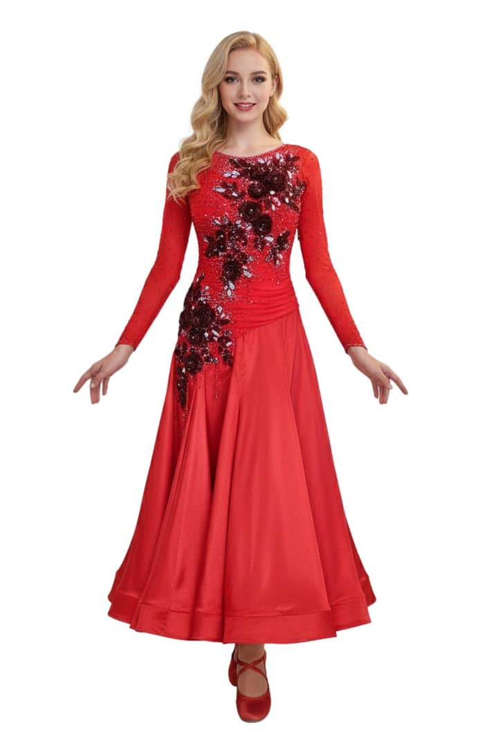 Brielle ballroom gown — front view — red satin gown with 3D floral appliqués and crystal stoning