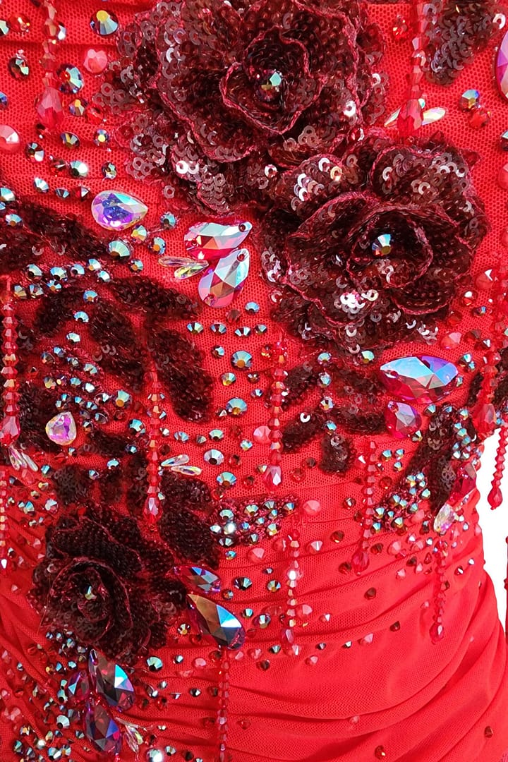 Brielle ballroom gown — stonework close-up — red AB stones and sequined roses