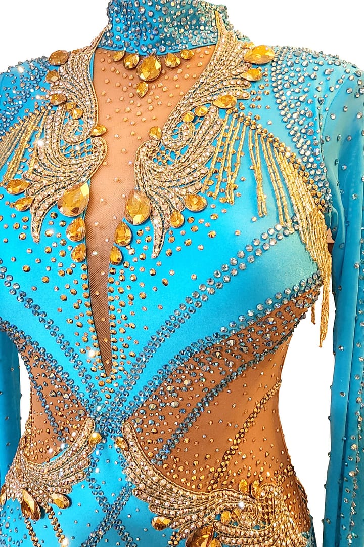 Hadley ballroom gown — bodice detail — gold appliqués with large pear-shaped crystals