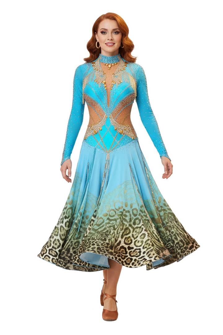 Hadley Ballroom Dress - front view - Blue and leopard print skirt. Gold crystal bodice with illusion cutouts.