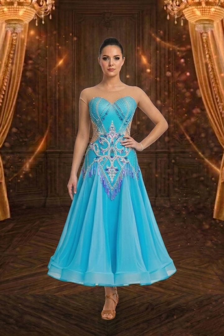 Azure Radiance ballroom gown — front view — bright turquoise Standard dress with nude mesh neckline and long sleeves, featuring an ornate crystal and sequin motif.