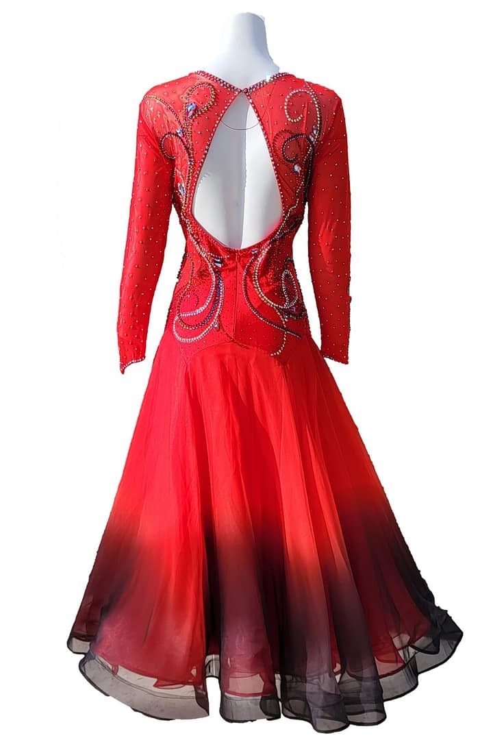 Kalaida ballroom gown — back view — open-back design with crystal appliqué and ombré ballroom skirt