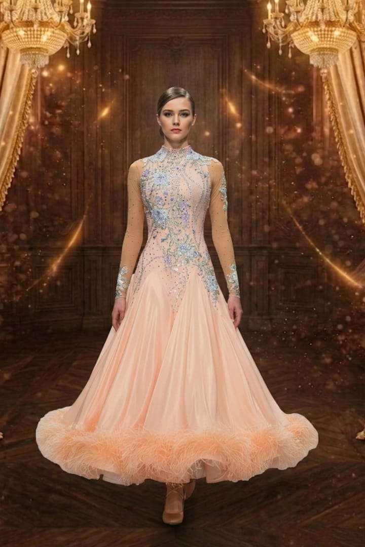 Peach Whisper ballroom gown — front view — A full-length Standard dress in soft peach with intricate floral crystal appliqué on the bodice.
