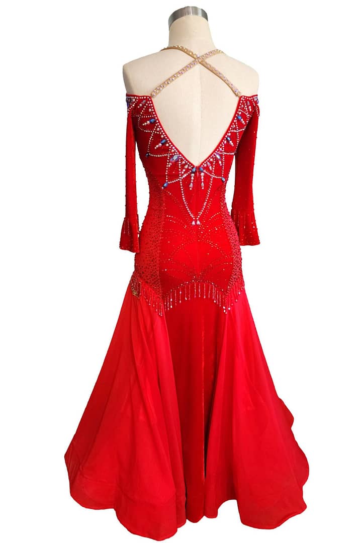 Amira Ballroom dress — back view — V-back with crystal vertical chains and a full skirt with floats.