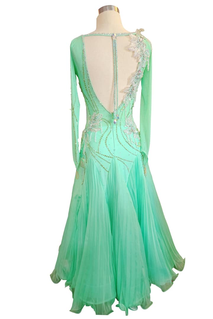 Calla ballroom dress — back view — low V-back with pleated georgette skirt and asymmetrical flower shoulder detail.