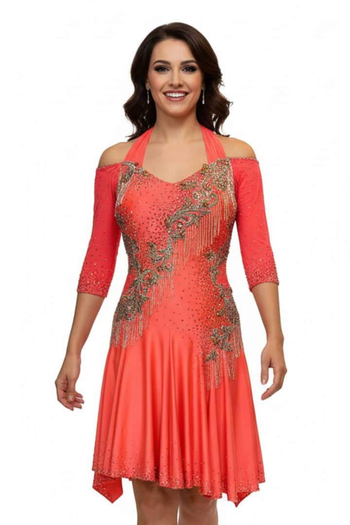 Crush Latin dress - front view - Sizzling orange competition dress with rhinestone swirls and dramatic fringe movement
