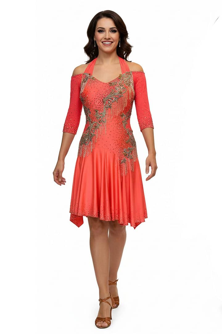 Crush Latin dress - front view whole body - Sizzling orange competition dress with rhinestone swirls and dramatic fringe movement.