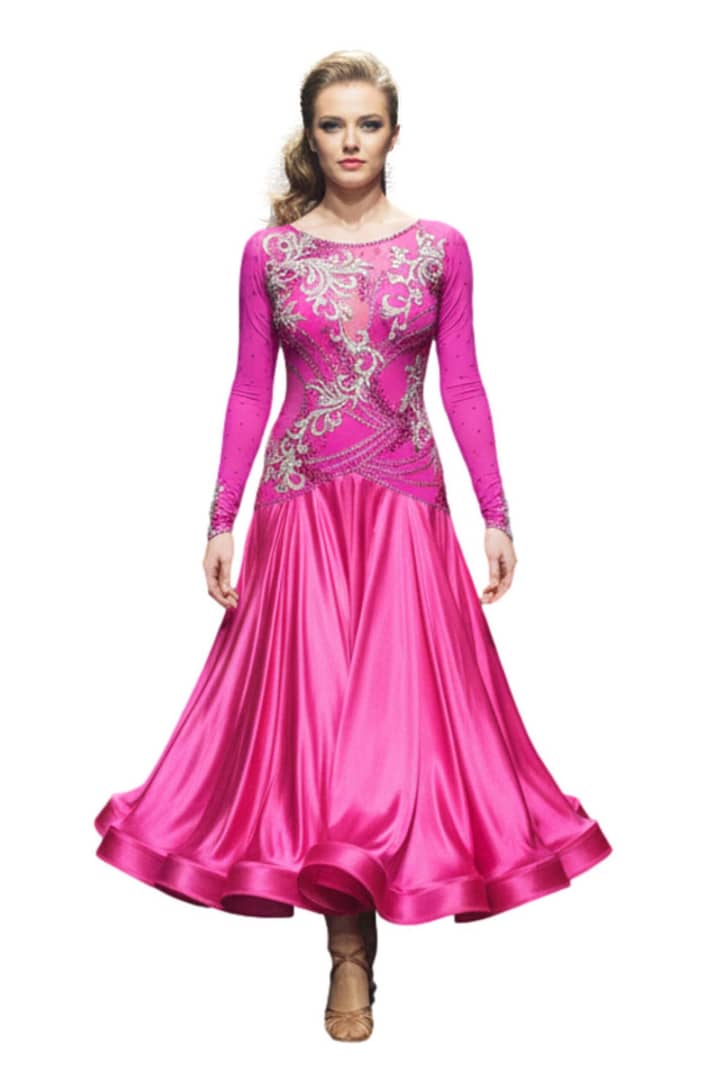 Juno Ballroom gown — front view — vibrant pink fabric with silver appliqué and abundant crystal stoning