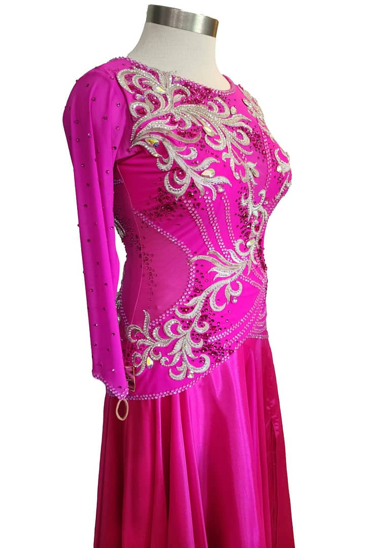 Juno Ballroom gown — side view - showing the fitted, stoned bodice transition to a full, flowing satin skirt.