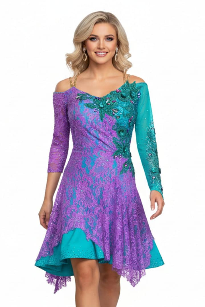 Lera Latin dress - front view — vibrant purple and turquoise with green 3D floral accents and rhinestone sparkle.