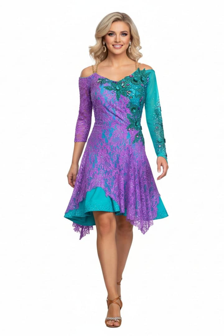 Lera Latin dress - front view - whole body— vibrant purple and turquoise with green 3D floral accents and rhinestone sparkle.
