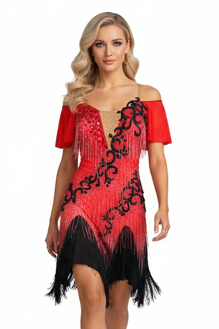 Nyla Latin Dress -front view - Vibrant red Latin dance dress with bold black scrollwork appliqué. Features beaded fringe and rhinestone V-neck.