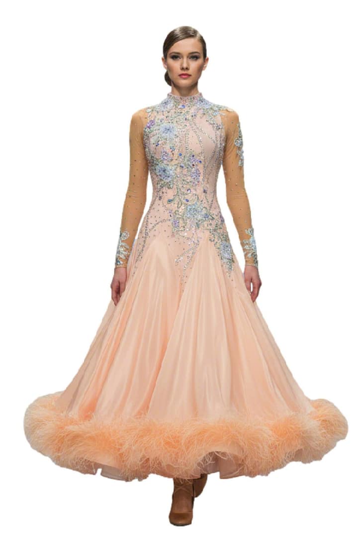 Peach ballroom gown — front view — A full-length Standard dress in soft peach with intricate floral crystal appliqué on the bodice.