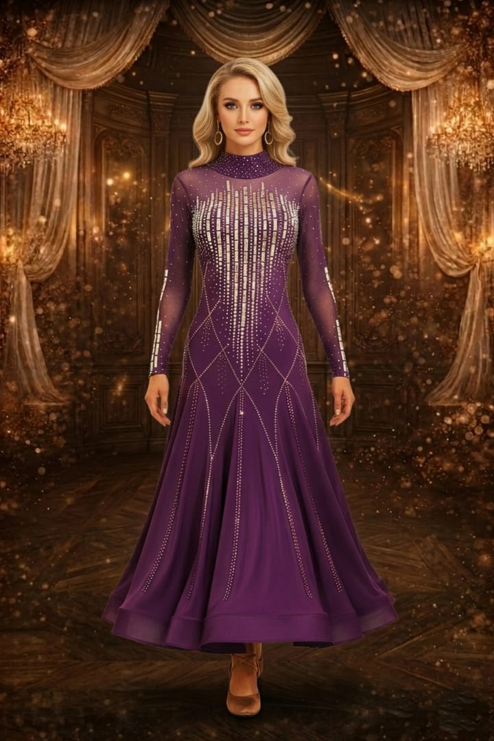 Royal Amethyst Ballroom Dress - front view — long V-neck mesh with vertical crystal bodice, long skirt panels.