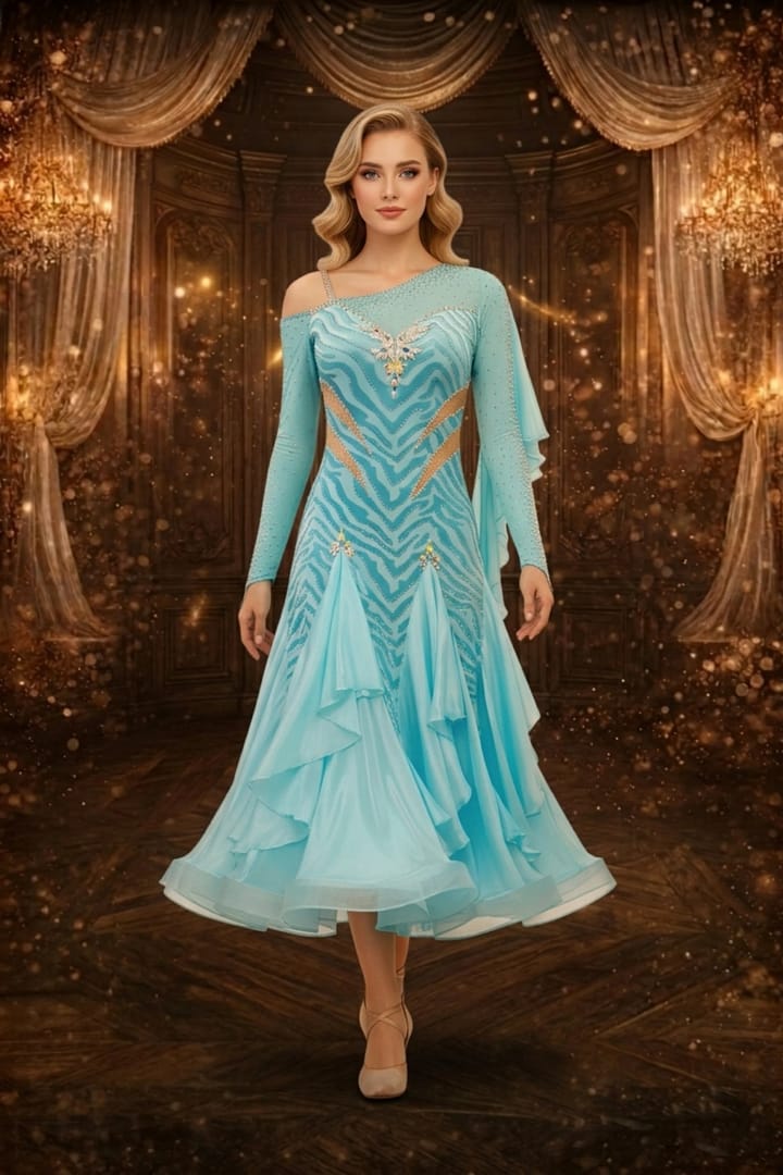 Azure Flow Latin dress — front view — one-shoulder, sky blue Latin dress with an animal print design and a full ruffled skirt.