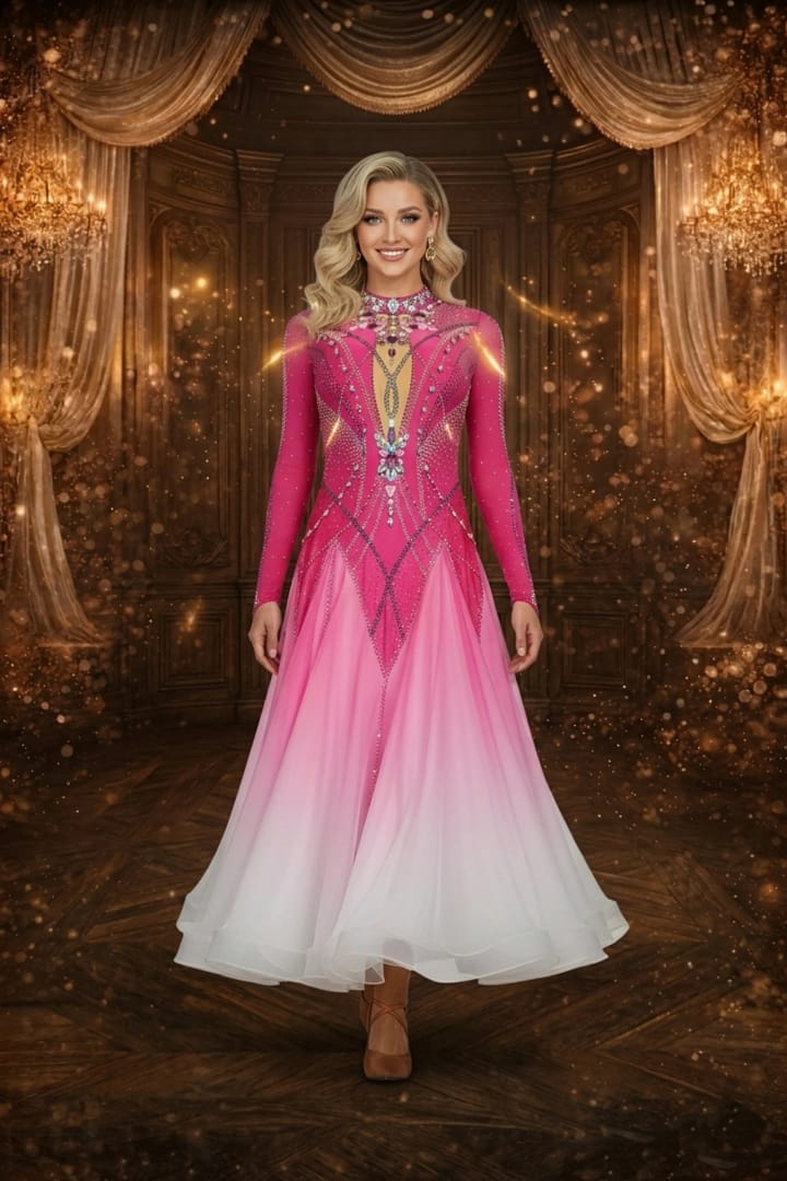 Berry Surge Ballroom Dress — front view — long-sleeved pink gown with ombre skirt fading to white and heavy rhinestone detail.