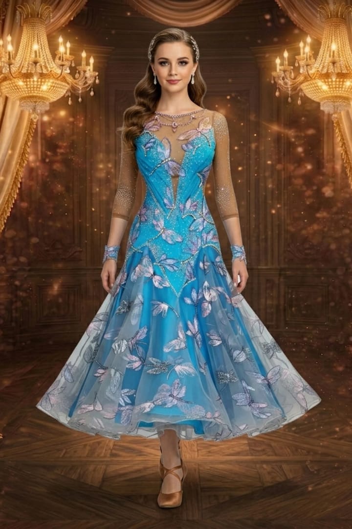 Silver Dragonfly ballroom gown — front view — bright blue with pink dragonfly appliqué and sheer nude mesh