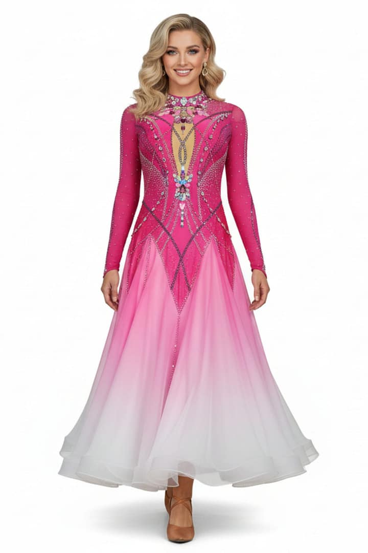 Berry Ombre Ballroom Dress — front view — long-sleeved pink gown with ombre skirt fading to white and heavy rhinestone detail.