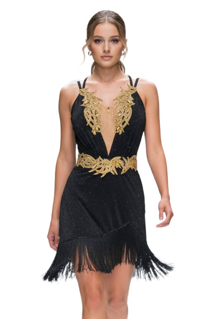 Radiant Obsidian Latin dress — front view — black satin with crystal embellishment