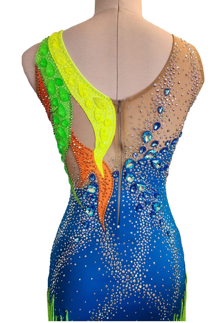 Rio Swirl Latin dress — back view — large diamond cutout on the back with crystal halter strap and black fringe.