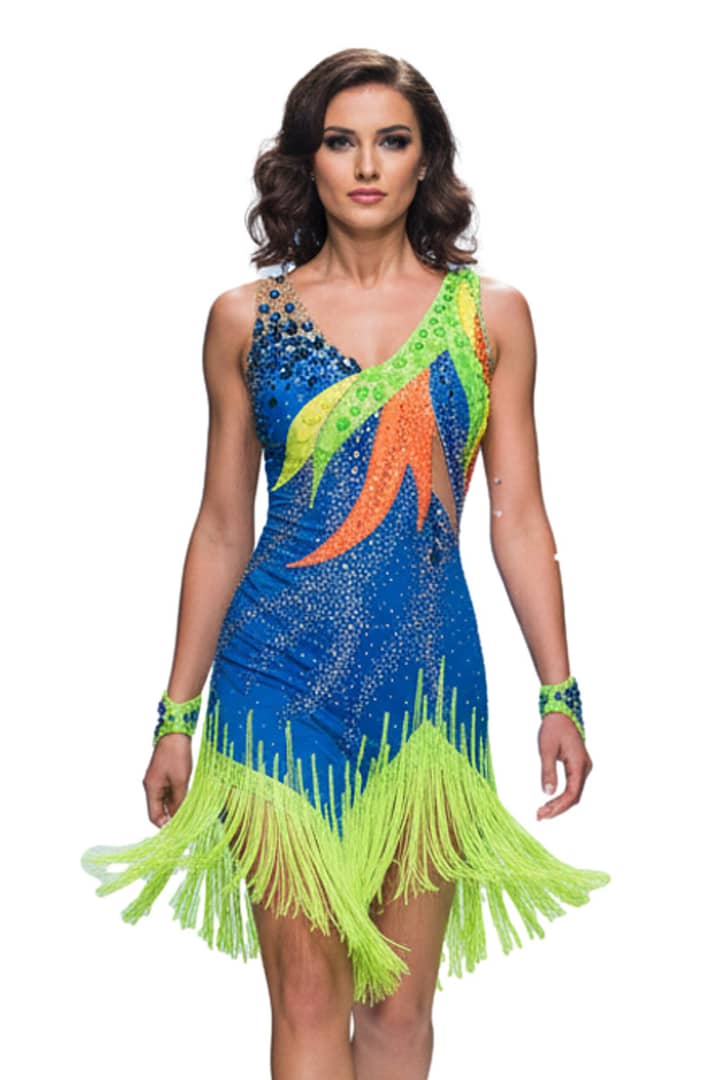Rio Swirl Latin dress - front view - Sleeveless, featuring a swirling geometric design and dynamic fringe on the skirt.