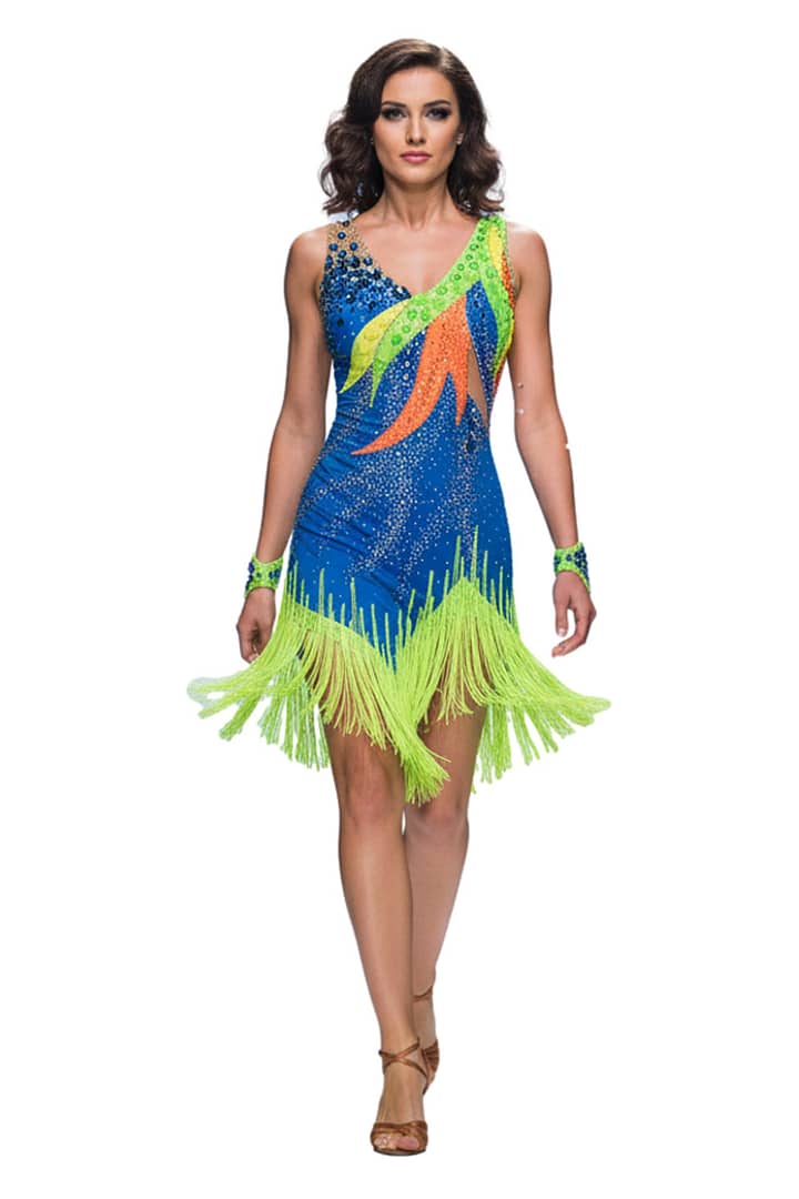 Rio Swirl Latin dress - front view whole body - Sleeveless, featuring a swirling geometric design and dynamic fringe on the skirt.