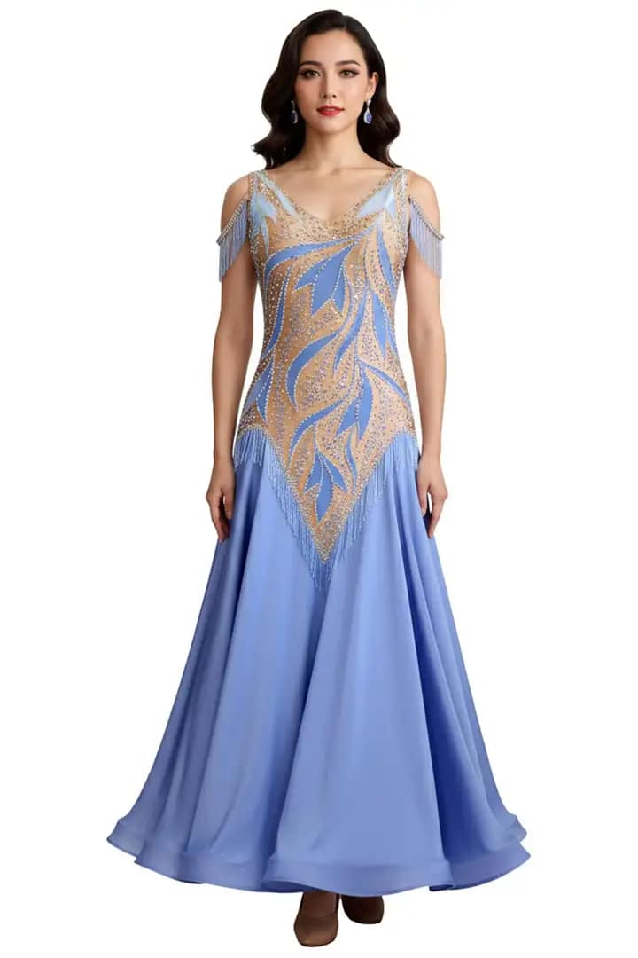 Front view of the Blue Silhouette ballroom dress in sky blue with nude illusion bodice, crystal appliqué detailing, and a full flowing skirt for Smooth dances.