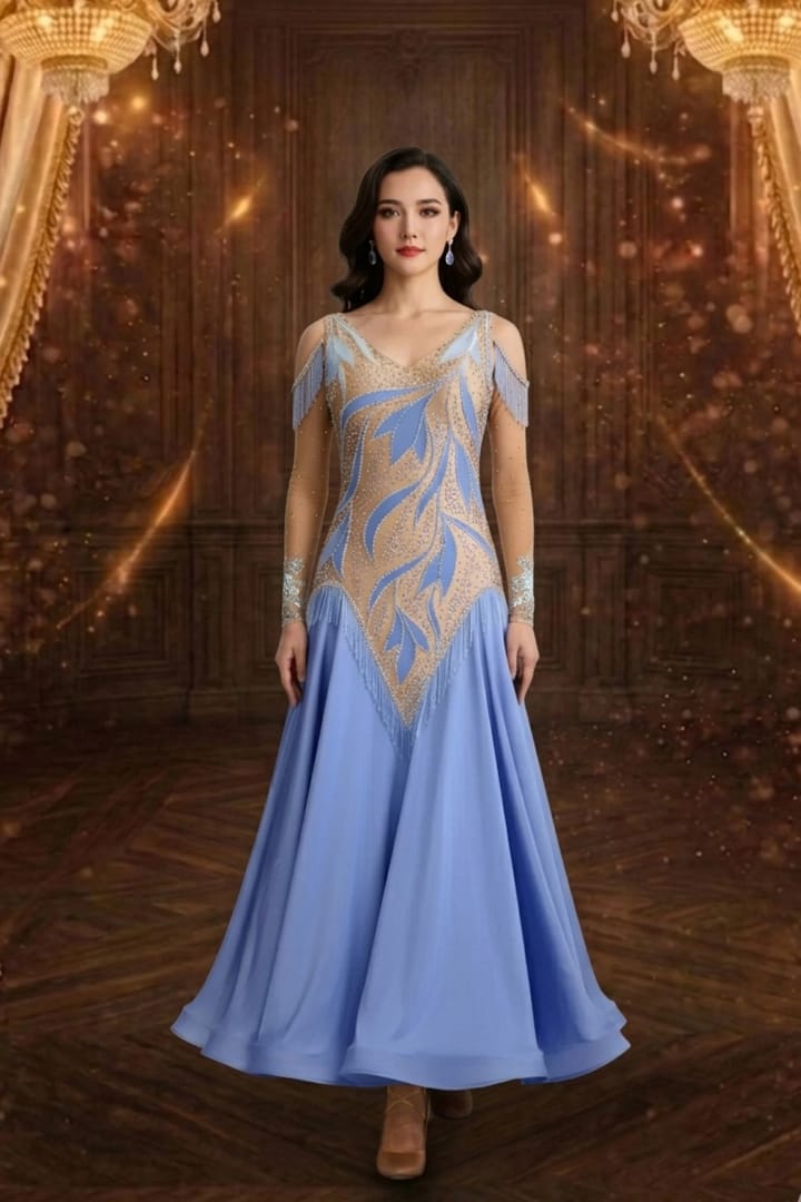 Blue Silhouette Soft powder blue ballroom gown with flowing chiffon skirt