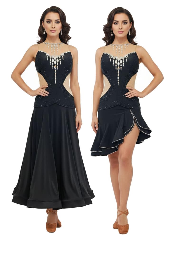Emmy convertible dance dress shown in Smooth and Latin versions, featuring black crystal bodice, nude illusion sides, and detachable skirt options.