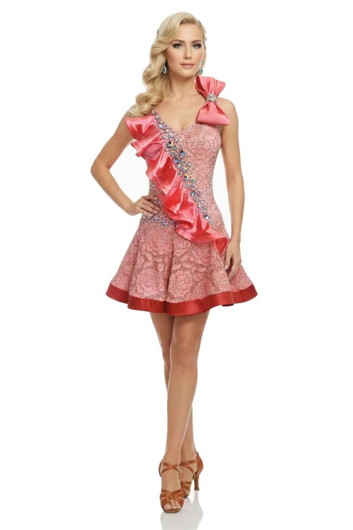 Luisa front full view Latin dress with blush pink lace, crystal bodice, and satin ruffle detail