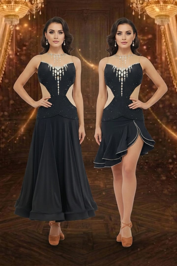Midnight Rhythm Performance convertible dance dress shown in Smooth and Latin versions, featuring black crystal bodice, nude illusion sides, and detachable skirt options.