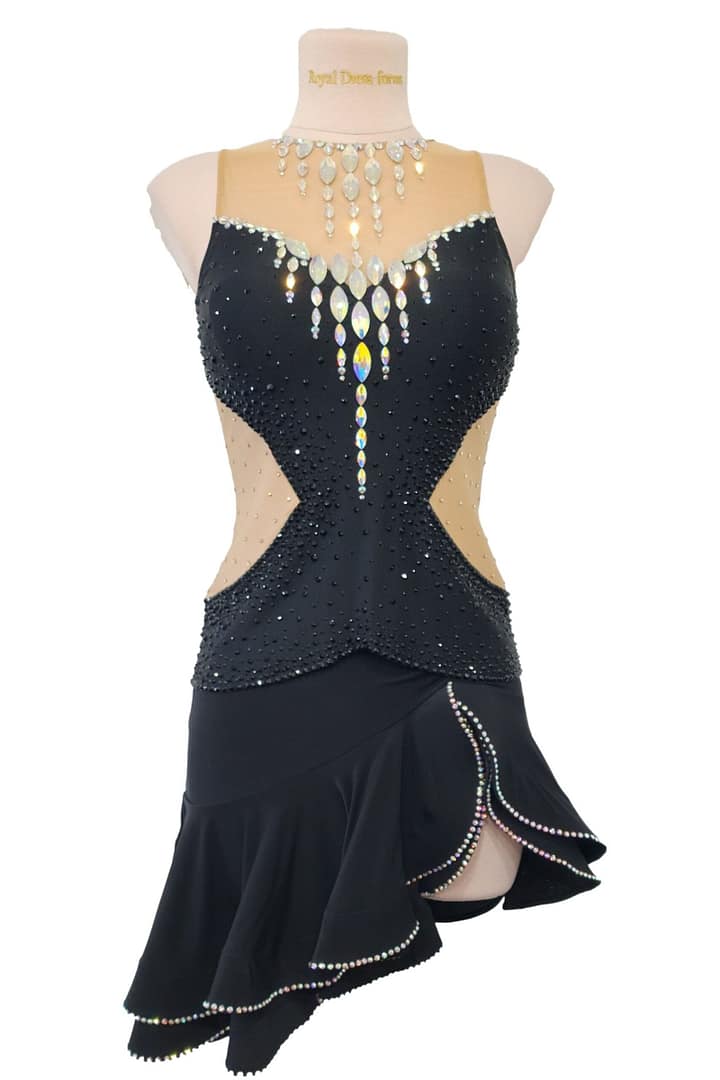 Front view of Midnight Rhythm convertible Latin dress in black with nude illusion mesh, crystal neckline drape, and short ruffled skirt.
