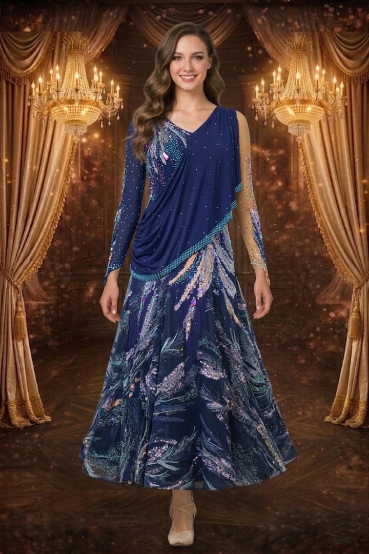 Midnight Veil navy ballroom gown with asymmetrical draped bodice, crystal detailing, and flowing full-length chiffon skirt