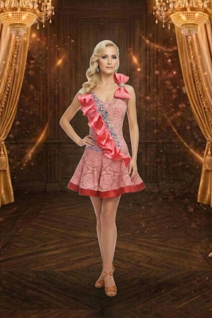 Rose Reverie front close up view Latin dress with blush pink lace, crystal bodice, and satin ruffle detail