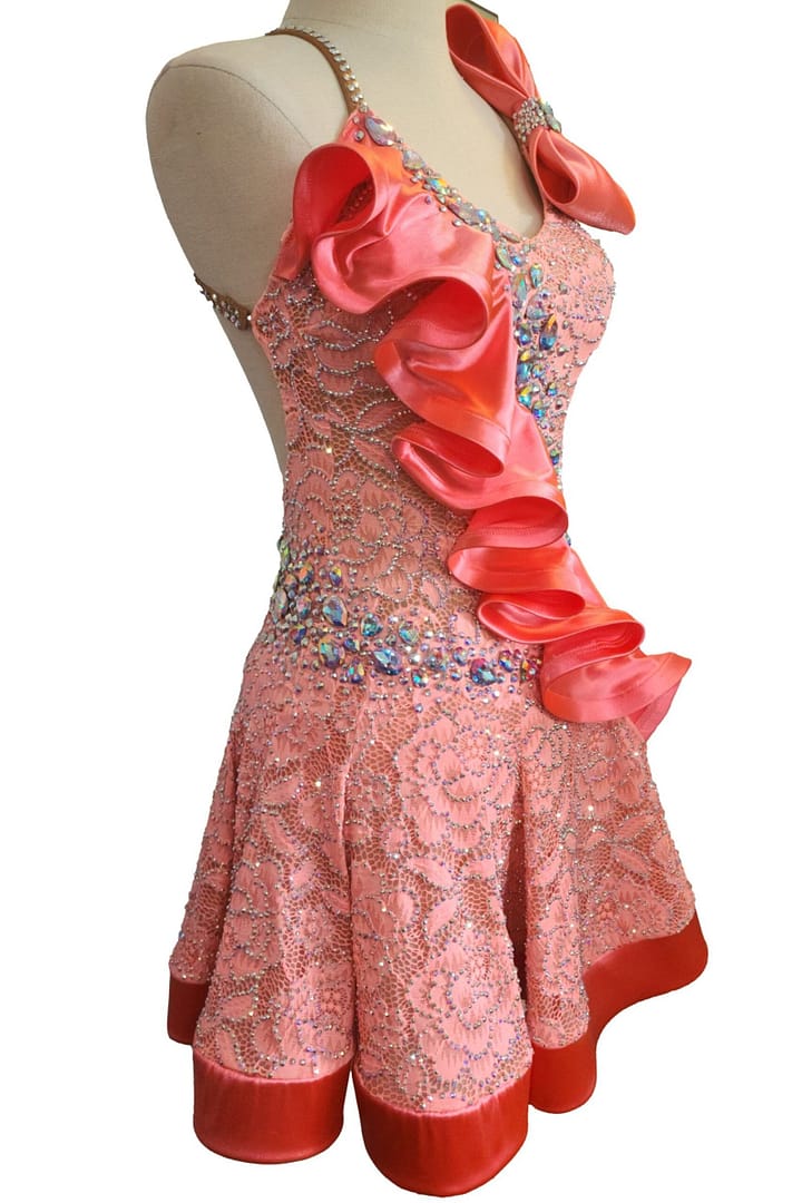 Rose Reverie side view highlighting satin ruffle accent and fitted Latin silhouette