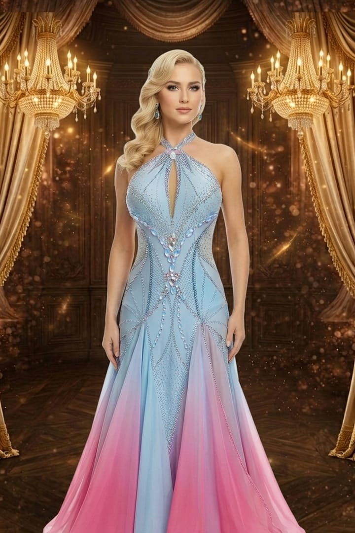 Serenity Bloom Ballroom gown front view on mannequin featuring light blue halter neckline, crystal embellishments, and flowing ombré chiffon skirt in blue and pink tones.