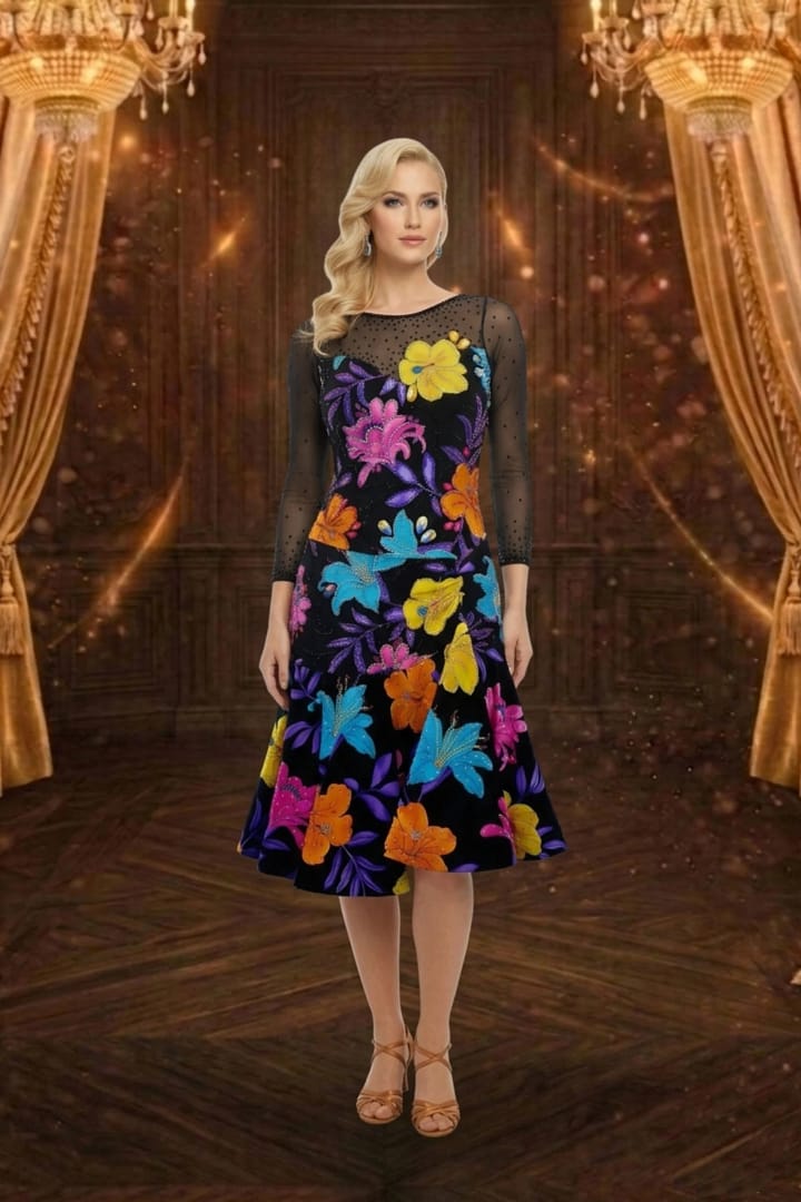 Vivid Bloom Front view — black base with multicolor floral appliqués and sheer mesh neckline