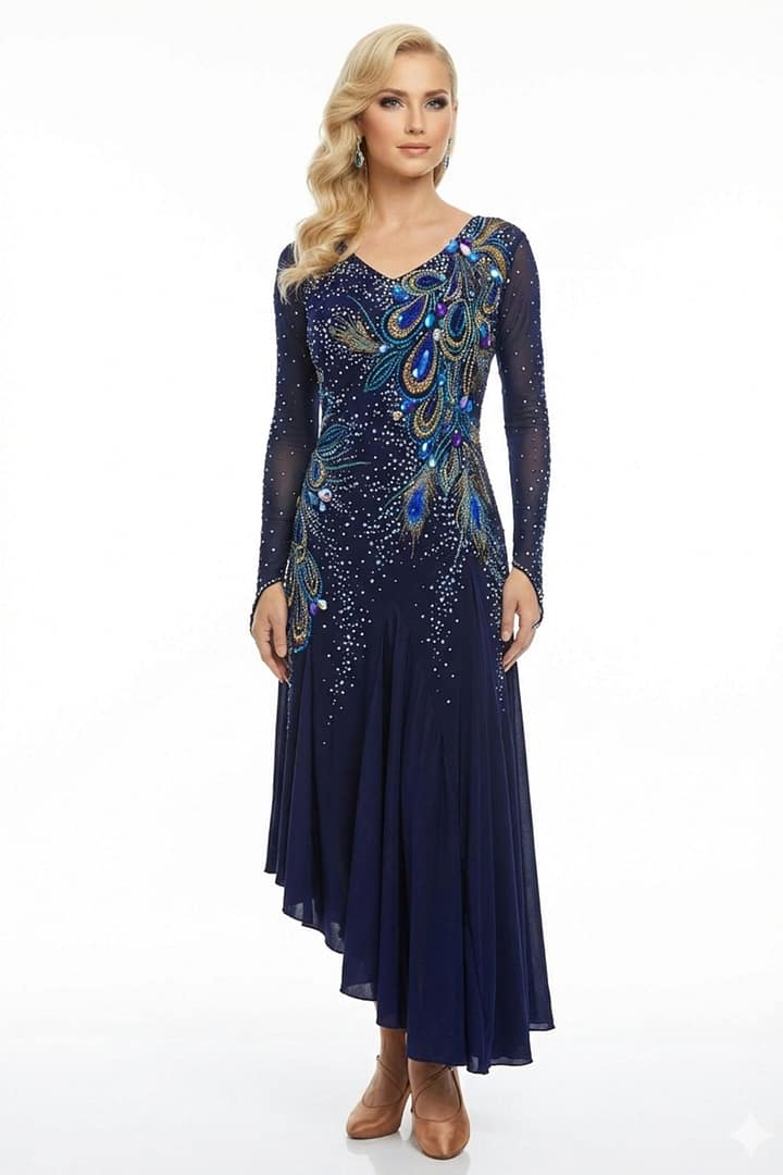 Navy ballroom dress with crystal-embellished draped bodice and flowing skirt