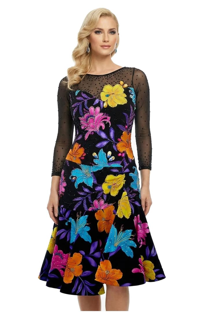 Front view — black base with multicolor floral appliqués and sheer mesh neckline