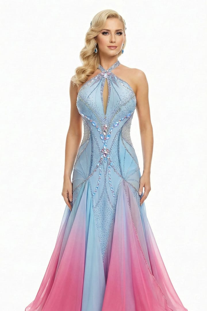 Ballroom gown front view on mannequin featuring light blue halter neckline, crystal embellishments, and flowing ombré chiffon skirt in blue and pink tones.