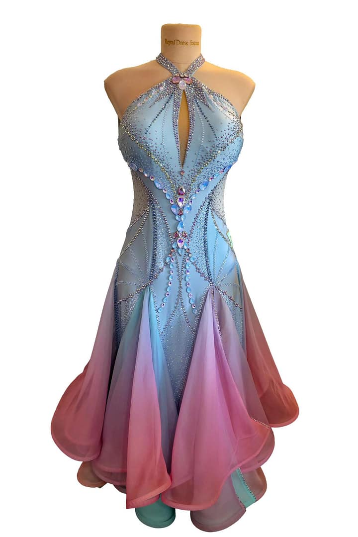 Front whole-body view of Serenity Bloom ballroom gown with halter neckline, crystal-stoned bodice, and layered pastel ombré skirt.
