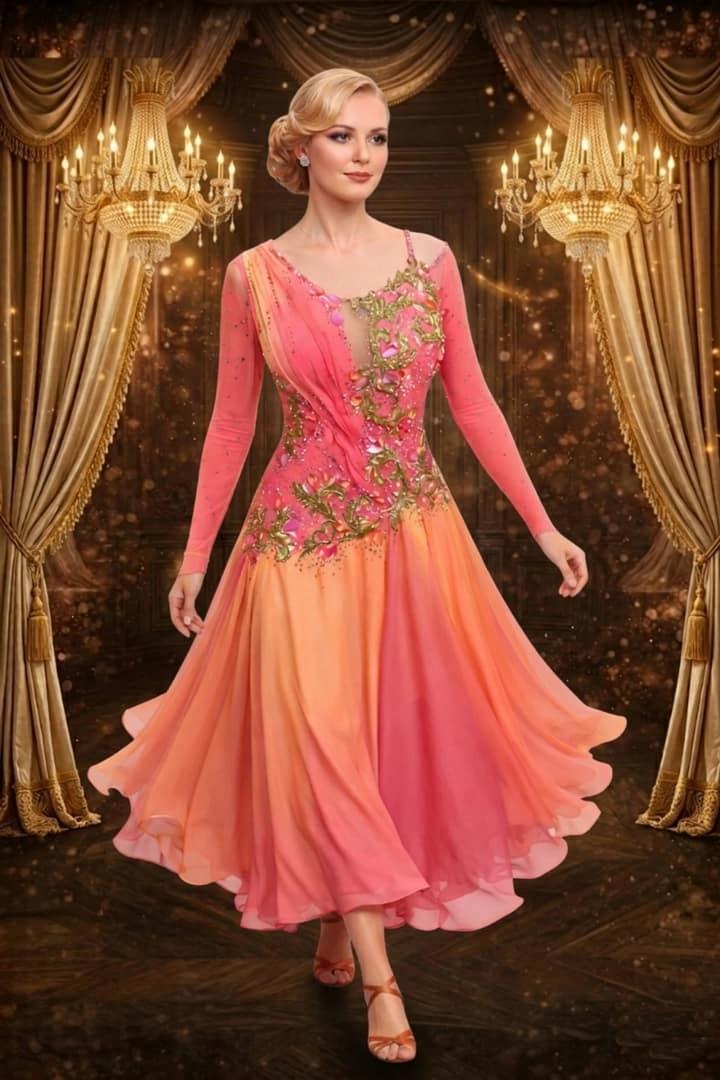 Professional dancer in the Silken Radiance gown, showing movement in the coral ombre sunburst pleated skirt.