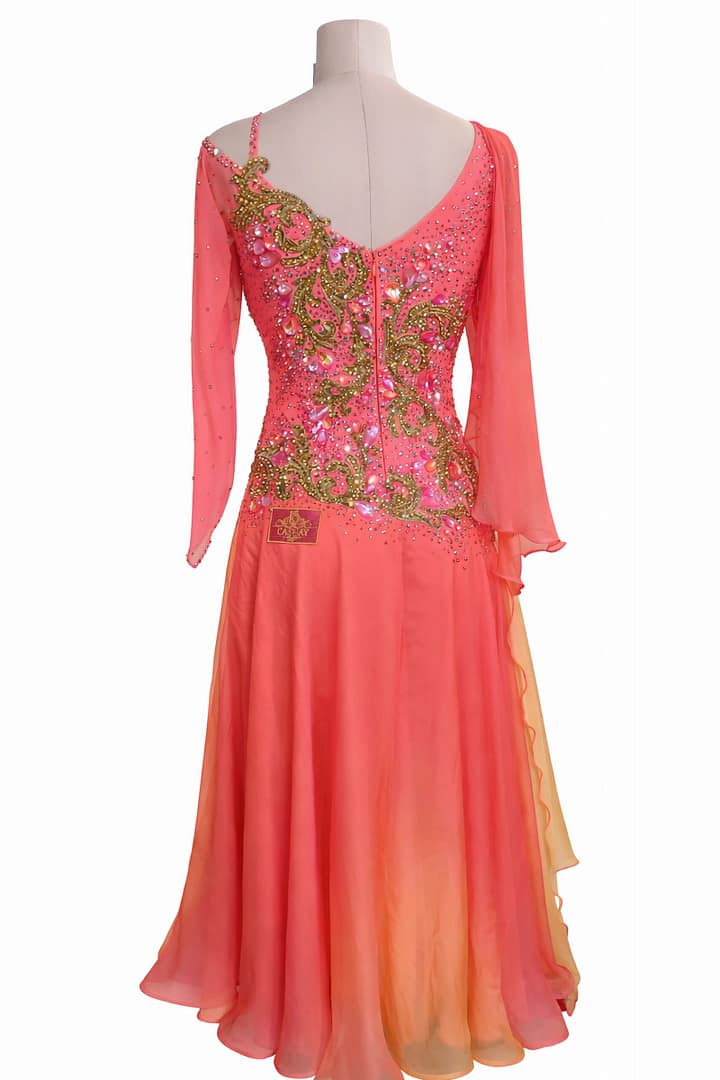 Back view of Silken Radiance ballroom dress showing V-neckline, gold scrollwork, and pink crystal stones