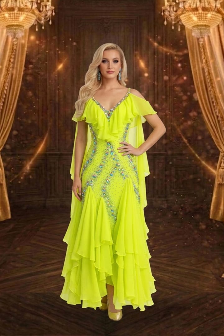 Electric Citrine Signature Series ballroom gown in vivid chartreuse with rhinestone embellishments