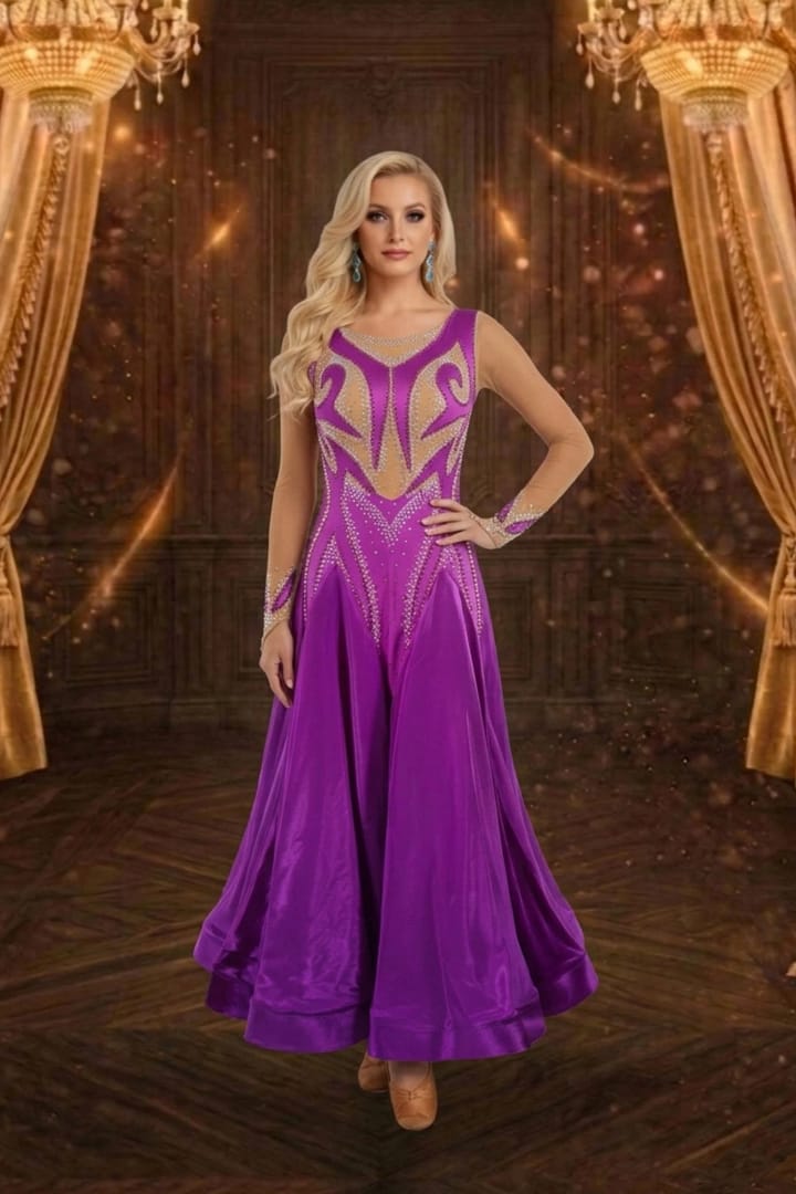 Majestic Violet ballroom dress front view in rich purple with crystal embellishments, illusion neckline, long sleeves, and flowing satin skirt