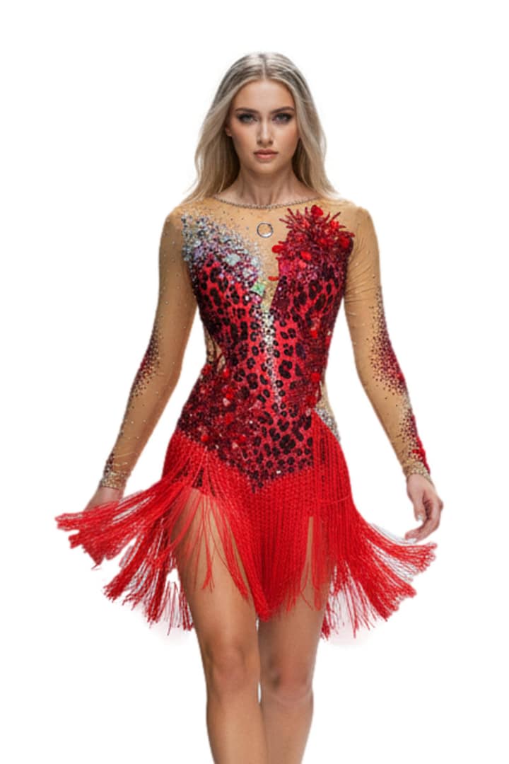 Wild Leopard Latin dress featuring red fringe skirt, sheer nude mesh, and black leopard sequin embellishments with long sleeves