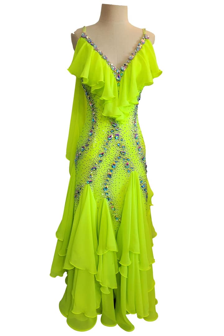 Front view of Electric Citrine Signature Series ballroom gown with crystal embellished bodice