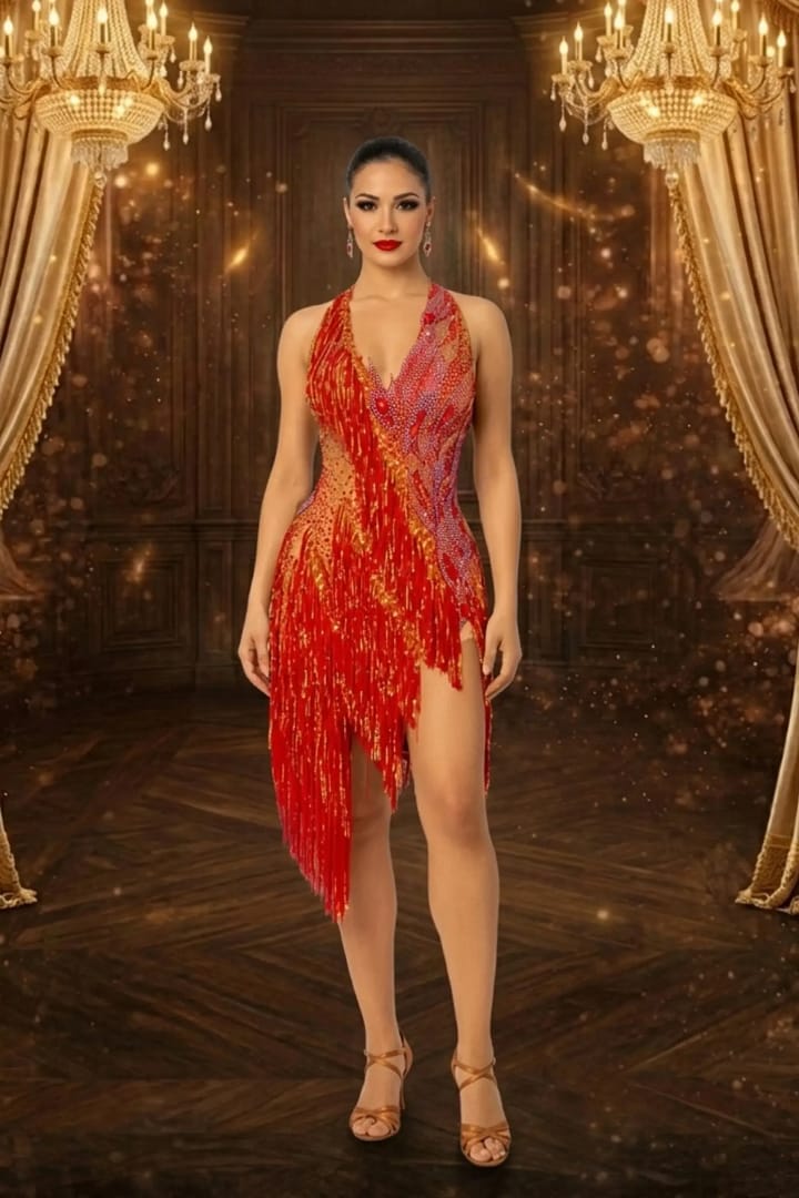 A woman wearing the Inferno Cascade Latin dance dress featuring red fringe, gold sequins, and intricate crystal embellishments.